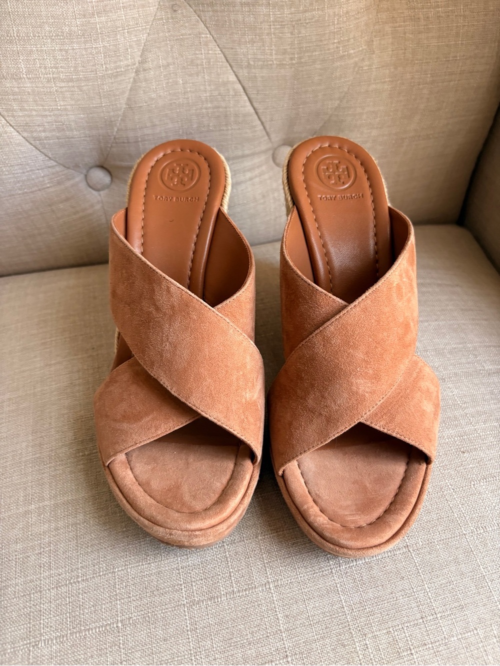 Tory Burch Tan Suede Crisscross Wedge Slides- NEW